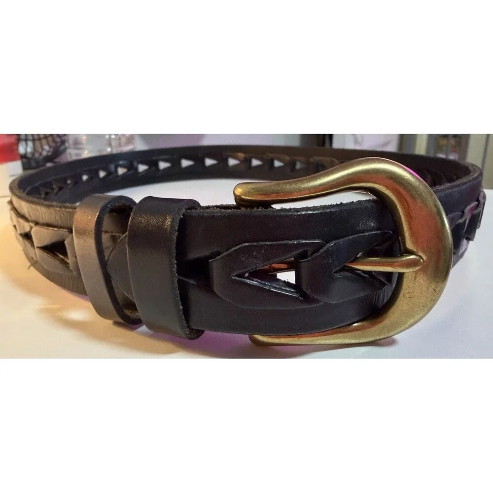 Fossil Men's Black Dress Belt Brass Tone Buckle Adjustable 1 1/4in Size 34